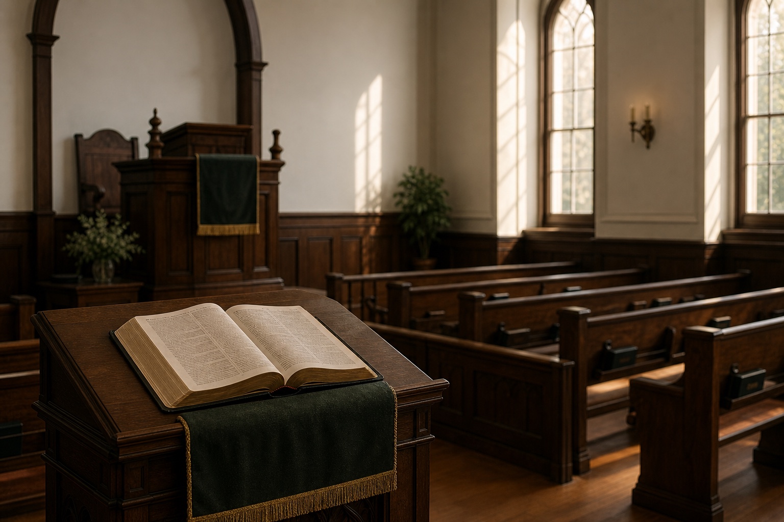 Classical worship space with pulpit and pews